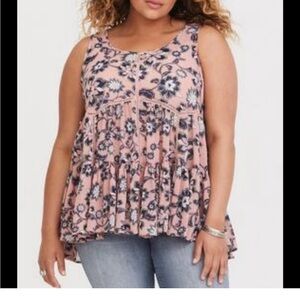 TORRID pink floral baby doll semi sheer LACE UP SIDES tank chiffon flare size 1X